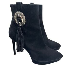 Sz 38 Saint Laurent Janis 105 Western Buckle Concho Ankle Boots Black Booties